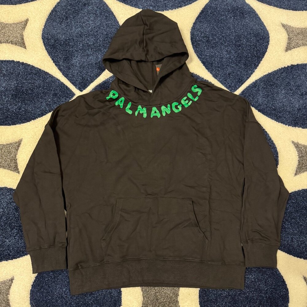 Palm Angels Green Neck Logo Black Hoodie Mens Large
